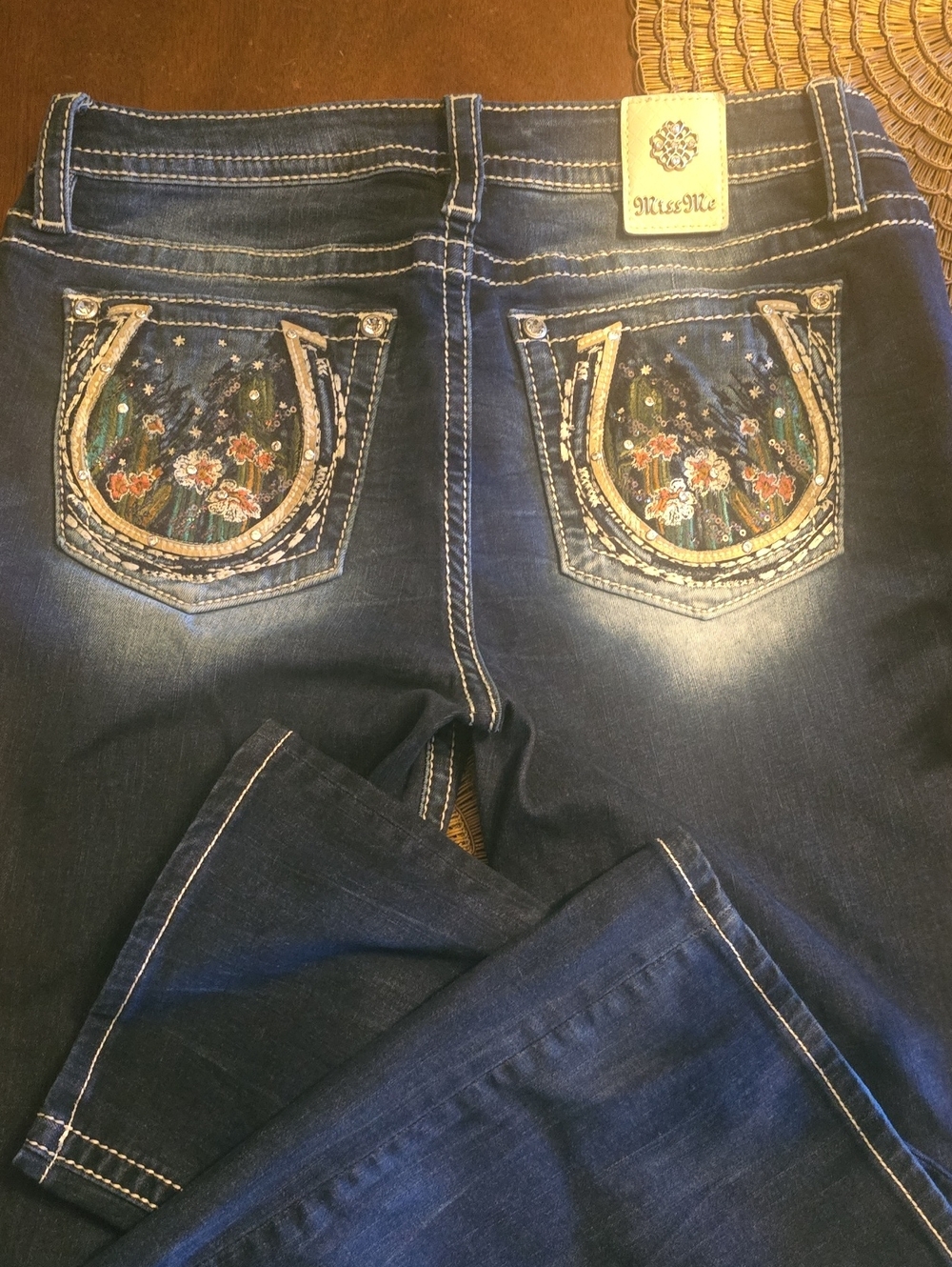 Miss Me Dark Blue Boot Cut Jeans with Embroidered Horseshoe Pockets